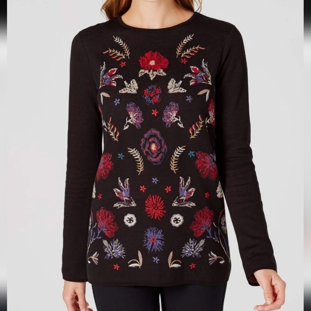 J. Jill Long Sleeve Botanical Floral Embroidered Sweater